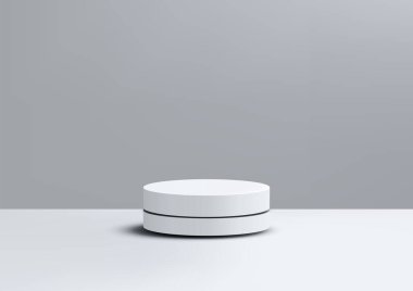 Açık gri zemin üzerinde minimalist 3D beyaz podyum, sergi ürünleri veya sanat için ideal. Basit, temiz tasarım markalaşma, modelleme ve görsel sunumlar için mükemmel.