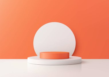 Minimalist 3 boyutlu turuncu podyum, dairesel arka planı temiz beyaz bir tabana karşı. Modern ürün modellemeleri, şık markalar ve yaratıcı sergi vitrinleri