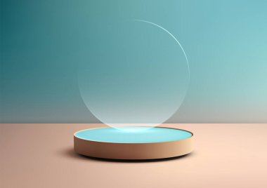 Kahverengi tabanlı 3D podyum ve dingin mavi arka planda yüzen cam daire. Modern modeller, ürün gösterimleri ve çağdaş markalaşma görselleri