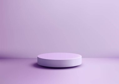 Bir zeminde zarif bir 3D mor podyum ve mor duvar arkaplanı. Modern ürün modellemeleri ve vitrin tasarımları, çağdaş markalaşma ve minimalist gösterimler