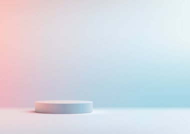 Beyaz zemin ve duvar zemininde pembe ve mavi renkte ışıklandırmalı modern 3D podyum. Minimalist ürün modellemeleri, modern markalaşma ve zarif sergi salonları için mükemmel.