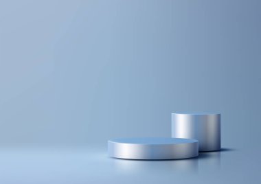 Yumuşak mavi arka planda iki gümüş silindirik platformun yer aldığı en az üç boyutlu sahne. Modern ürün gösterimleri, vitrinler ve şık bir atmosfere sahip modeller için idealdir.
