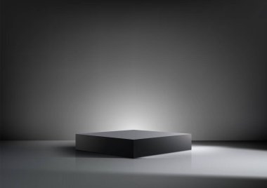 Modern 3D siyah podyum, karanlık bir ortamda spot ışıklarıyla aydınlatılan yansıtıcı bir yüzeyde duruyor. Lüks ürün modellemeleri ve minimalist sergi salonları için mükemmel.