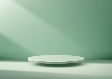 Yumuşak yeşil arka planda minimalist 3D yeşil podyum. Güneş ışığı duvara vuruyor. Modern stüdyoda şık ürün gösterileri, modeller ya da galeriler için ideal.