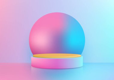 3 boyutlu sarı platform pembe mavi eğimli arka planda renkli bir küreyle eşleştirildi, ürün gösterimleri, maketler ve yaratıcı sergi salonları. Asgari, modern