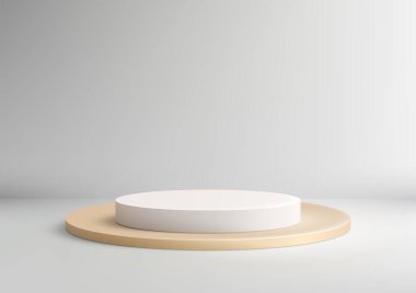 Altın bir platformun üstünde en az üç boyutlu, dairesel, beyaz bir podyum. Açık gri bir arkaplan, modern ürün gösterimleri, şık modeller ve vitrin ayarlayın