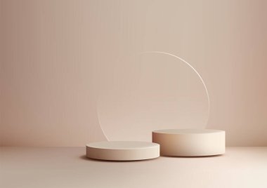 Minimalist 3D sahne, iki dairesel podyum ve yumuşak toprak tonlarda şeffaf cam zemin. sergi ürünleri, modeller ve yaratıcı tasarımlar