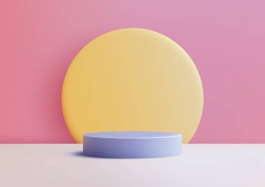 Beyaz bir yüzey üzerinde 3D mavi podyum. Pembe bir duvar ve sarı bir zemin üzerine kurulmuş. Ürün gösterimleri, yaratıcı modeller ve vitrinler için modern ve minimal kurulum