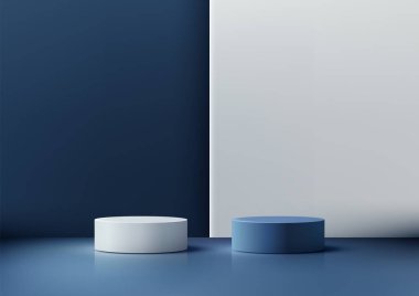 Minimalist 3D tasarım beyaz ve mavi renkli iki silindirik podyum yansıtıcı mavi bir yüzey ve gradyan bir arka plan. Model, markalaşma ve ürün gösterimleri
