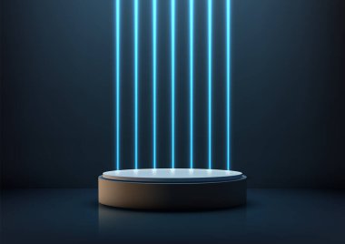 Yansıtıcı bir yüzeye kurulmuş, parlayan mavi neon ışıklarıyla üç boyutlu dairesel podyum. Teknoloji fütüristik ürün sergileri, dijital modeller ve şık modern sergi tasarımları.