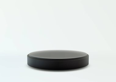 Siyah dairesel 3D podyum beyaz arka planda duruyor. Modern ve minimalist ürün gösterimleri, modeller, galeriler, markalaşma ve pazarlama görselleri