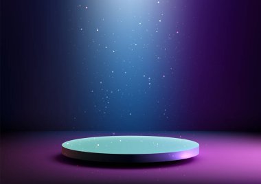 Fütürist neon 3D podyum. Mavi ve pembe parlıyor. Spot ışıkları koyu bir zemin üzerinde ışıldayan parçacıklarla çevrili. Teknoloji modellemeleri, ürün gösterimleri ve vitrinler