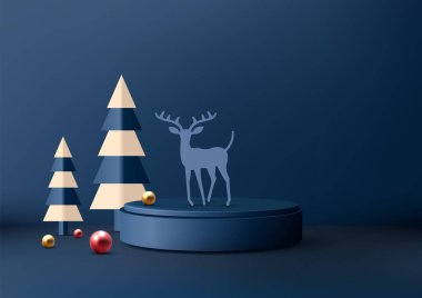 Minimalist mavi kaidesi, ren geyiği ve çam ağacı desenli Noel kompozisyonu. Yaratıcı ürün gösterimleri, pazarlama ve tatil dekorasyonu