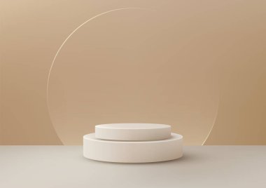 Çift katmanlı temiz beyaz podyum yumuşak bej bir sahnede dairesel bir camla duruyor. Modern estetik ve stil sadeliğiyle ürünleri veya sanat eserlerini sergilemek