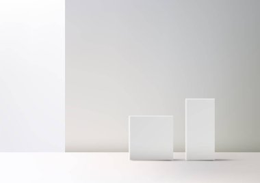 Minimalist 3D sahne, temiz arkaplanda iki beyaz geometrik kutu var. Modern ürün gösterimleri, markalaşma, modelleme ve yaratıcı gösteri sunumları için mükemmel.