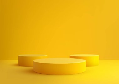 Üç boyutlu sarı silindirik podyumun yer aldığı minimalist sahne sarı arka plan, ürün gösterimleri, modellemeler veya yaratıcı sergi sunumları