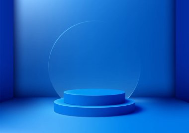 Mavi bir podyumun minimalist 3D tasarımı. Gradyan mavi arkaplan üzerinde şeffaf bir daire. Ürün modelleri, markalaşma gösterileri, sergi salonu sunumları