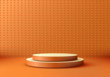 Canlı turuncu 3D sahne silindirik platformlar ve noktalı model arka plan, çağdaş ürün sergileri, pazarlama görselleri ve profesyonel sunumlar içerir.