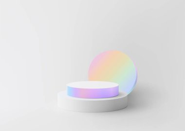 Parlak ve minimal 3D tasarım, parlak beyaz tabanlı ve eğimli daire arkaplanlı bir gökkuşağı podyumu içeriyor. Ürün gösterimleri ve şık sunumlar için ideal