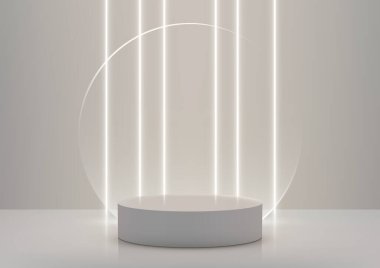 Yansıtıcı bir yüzeyde üç boyutlu beyaz podyum. Parlayan neon ışıklarla ve geniş dairesel çerçeveyle. Modern ürün sergileri, minimalist modeller ve şık sergi salonları.