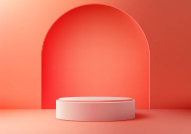3D minimalist mercan renginde bir sahne beyaz yuvarlak bir podyum ve eğri bir zemin. Modern ürün gösterimleri, modeller, markalaşma ve yaratıcı galeriler için mükemmel.