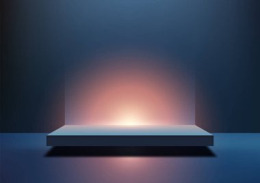 3D yüzen platform, koyu mavi arka planda sıcak turuncu ışıkla parlar. Dramatik ürün sergileri, yaratıcı markalar ve zarif modern modeller..