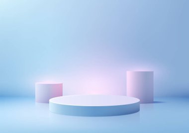 Pastel silindir podyumların yer aldığı 3D sahne yumuşak mavi bir zemin üzerine kurulmuştur. Modern ortamlarda minimalist tasarım, ürün gösterimi, modelleme ve yaratıcı pazarlama kavramları.