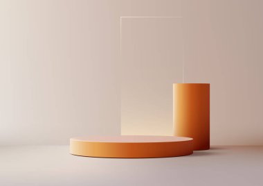 Turuncu podyumlar, şeffaf cam zemin ve yumuşak bej arkaplan içeren minimalist bir 3D maketi. Ürün sergileri, sergi tasarımları, ya da modern markalaşma görselleri.