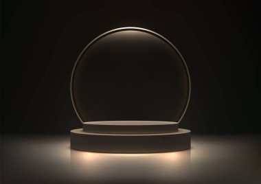 Koyu arkaplan üzerine parlayan dairesel çerçeveli 3D kahverengi podyum. Yumuşak ışıklandırma, ürün modellemeleri ve sunumlar için lüks ve fütüristik bir ekran oluşturarak kıvrımlarını vurguluyor.