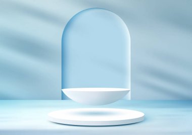 3 boyutlu beyaz platform dairesel bir tabanın üzerinde, kemerli pencereli, dingin mavi bir arkaplanın önünde süzülür. Güzellik, sağlık ürünleri, modern tasarımlar veya minimalist kavramlar için mükemmeldir..