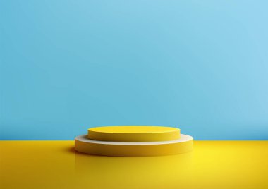 3D sarı ve beyaz podyum parlak mavi bir zemin üzerine kurulmuş, canlı ve modern bir estetik yaratıyor ürün sergileri, modelleri ve yaratıcı sergi salonları için.