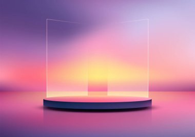 Pastel pembe ve mor renklerde ruhani bir parlama platformu. Modern ürün gösterimleri, modeller ve vitrinler için tasarlanmış rüya gibi minimalist bir sahne.