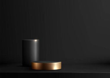 En az karanlık arkaplanda siyah ve altın renkli podyumlar sergilenen lüks 3D ekran, ürün sergileri, markalaşma ve modern sergi salonu kavramları için ideal.