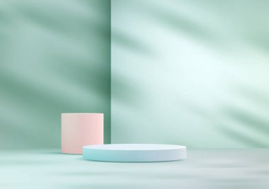 Yumuşak güneş ışığıyla aydınlatılan pastel silindirik podyumlarla serinletici üç boyutlu sahne. Nane yeşili arka plan ve gölgeler ürün modellemeleri ve vitrinler için minimalist bir sahne yaratıyor.