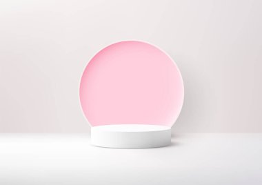 Gösterişli beyaz bir podyumu çerçeveleyen dairesel pembe bir arkaplan içeren minimalist sahne. Çağdaş tasarım ve yaratıcı reklam projelerinde ürün gösterimi, markalaşma veya modelleme için ideal