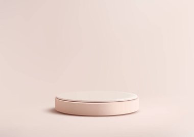 Minimalist 3D beyaz dairesel podyum, pembe bir tabanda dinleniyor. Ürün modellemeleri, modern markalaşma ve yumuşak pembe arka planda temiz tasarım kavramları için mükemmel.