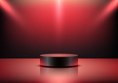 Zarif siyah 3D podyum, sıcak bir spot ışıklarıyla aydınlatılmış, yansıtıcı kırmızı bir yüzeyin ortasında yer alır. Lüks tasarımlar ve ürün modellemeleri için mükemmel.