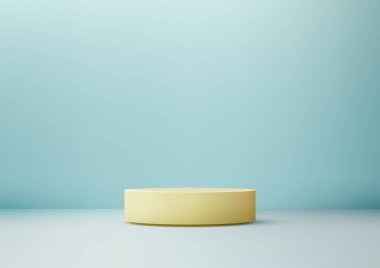 3D soluk sarı silindirik podyum açık mavi arka planlı minimalist alanda duruyor. Ürün gösterimi, markalaşma modelleri ve zarif pazarlama görselleri için ideal