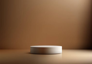 Minimalist beyaz silindirik podyum, koyu kahverengi bir zemin üzerine kuruludur. Yansıtıcı yüzeyi zarif, modern tasarımı artırır, ürün gösterimi, maketi ve vitrini için mükemmeldir.