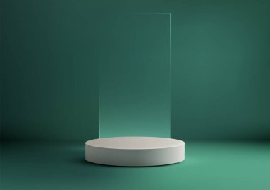 3D pürüzsüz beyaz silindirik podyum koyu yeşil deniz mavisi arka planda modern ürün sergi salonu markalaşması ve şık estetik tasarım için mükemmel cam panel ile donatılmış.
