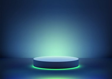 Parlak dairesel platform koyu mavi arka planda yeşil ışık yayar. Minimalist ve fütüristik, teknoloji modellemeleri, ürün gösterimleri, yaratıcı markalaşma veya modern vitrin kavramları