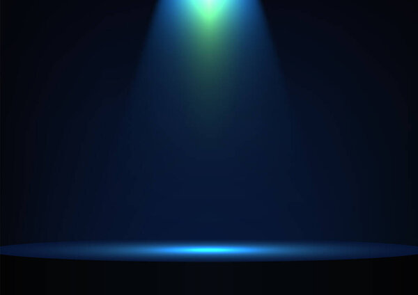 Темная сцена с единственным прожектором, освещающим круговую платформу, создавая драматичную и капризную атмосферу. Идеально подходит для дисплеев продуктов, презентаций и концепций брендинга высокого класса