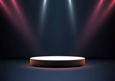 Sahne ışıkları, ödül törenleri, ürün sergileri veya modern sunumlarla aydınlatılmış 3D yuvarlak sahne podyumu. Dramatik ışıklandırma tiyatro atmosferi