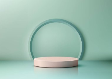yumuşak pastel 3D sahne açık pembe silindirik bir kaide yansıtıcı yeşil bir yüzey üzerinde, açık mavi kemerli çerçeve, modern ürün gösterimleri ve yaratıcı modeller için mükemmel