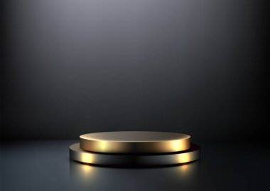 Koyu gri tabanlı ve parlak altın kaplamalı minimalist lüks podyum modeli, ürün sergisi için mükemmel, modern sergi salonları veya zarif sunumlar