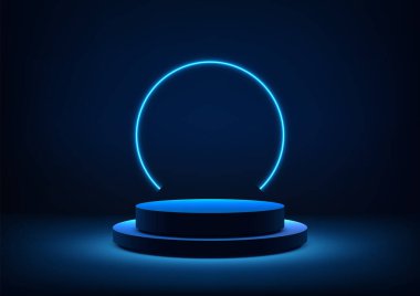 Modern 3d koyu mavi silindir podyumu üzerinde süzülen parlak neon mavi bir halka, minimal gölgeli arka plan, teknoloji kavramları ve ürün gösterimleri için mükemmel