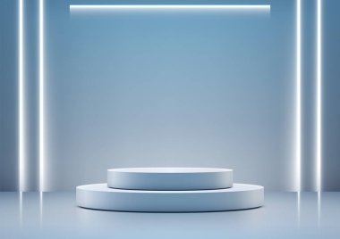 Açık mavi minimalist sahne 3 boyutlu iki katmanlı beyaz silindirik podyum, parlayan neon ışıklar, modern teknoloji kavramları, ürün gösterimleri ve temiz bir sergi salonunda modellemelerle çerçevelenmiştir.