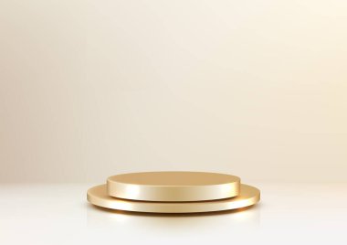 Minimalist 3D altın podyum, modern bir sergi salonunda yumuşak, sıcak bir parıltı, sergilenen ürünler ya da tasarımlar. Lüks markalaşma, sunumlar veya ödül töreni