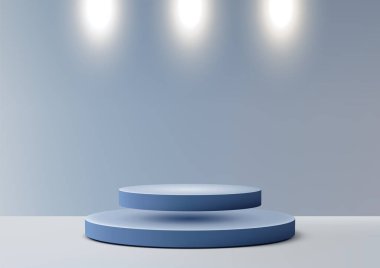 Minimalist 3D iki mavi silindir parlak spot ışıkları altında, yumuşak eğimli arka plana ayarlı. Modern ürün gösterimleri, modeller ve gelecekçi bilim kavramları.