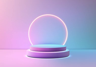 Yumuşak pastel renklerde 3D modern silindirik podyum, neon daire arka planı, ürün gösterimleri, teknoloji konseptleri veya sergi odası motifleri, zarif ve geleceksel vitrin alanı